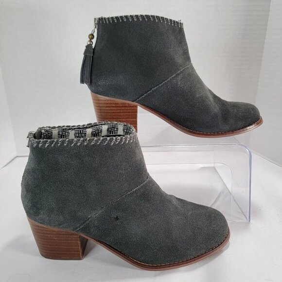 Toms Women's Leila Boot Womens 7 Block Heel Gray Suede Bootie Comfy Boho Shoe - Picture 1 of 13
